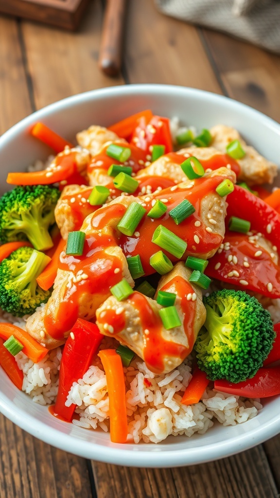 A colorful bowl of Spicy Sriracha Kick Chicken with rice, vegetables, and garnished with green onions and sesame seeds.